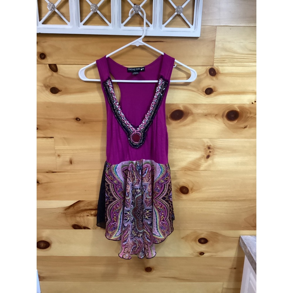 Living Doll Los Angeles Beaded Paisley Mixed Media Tank Top Magenta Purple M